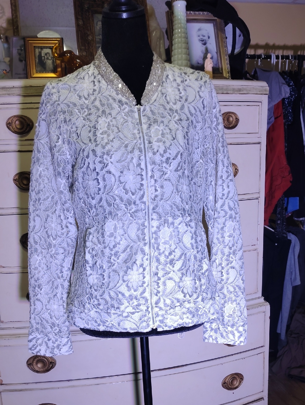 Candie's White Lace Bomber Jacket with Sequin Collar Trim